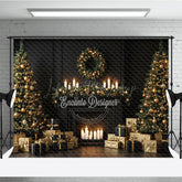 Lofaris Elegant Black and Gold Christmas Photography Backdrop Modern Fireplace with Trees Luxury Holiday Photo Background